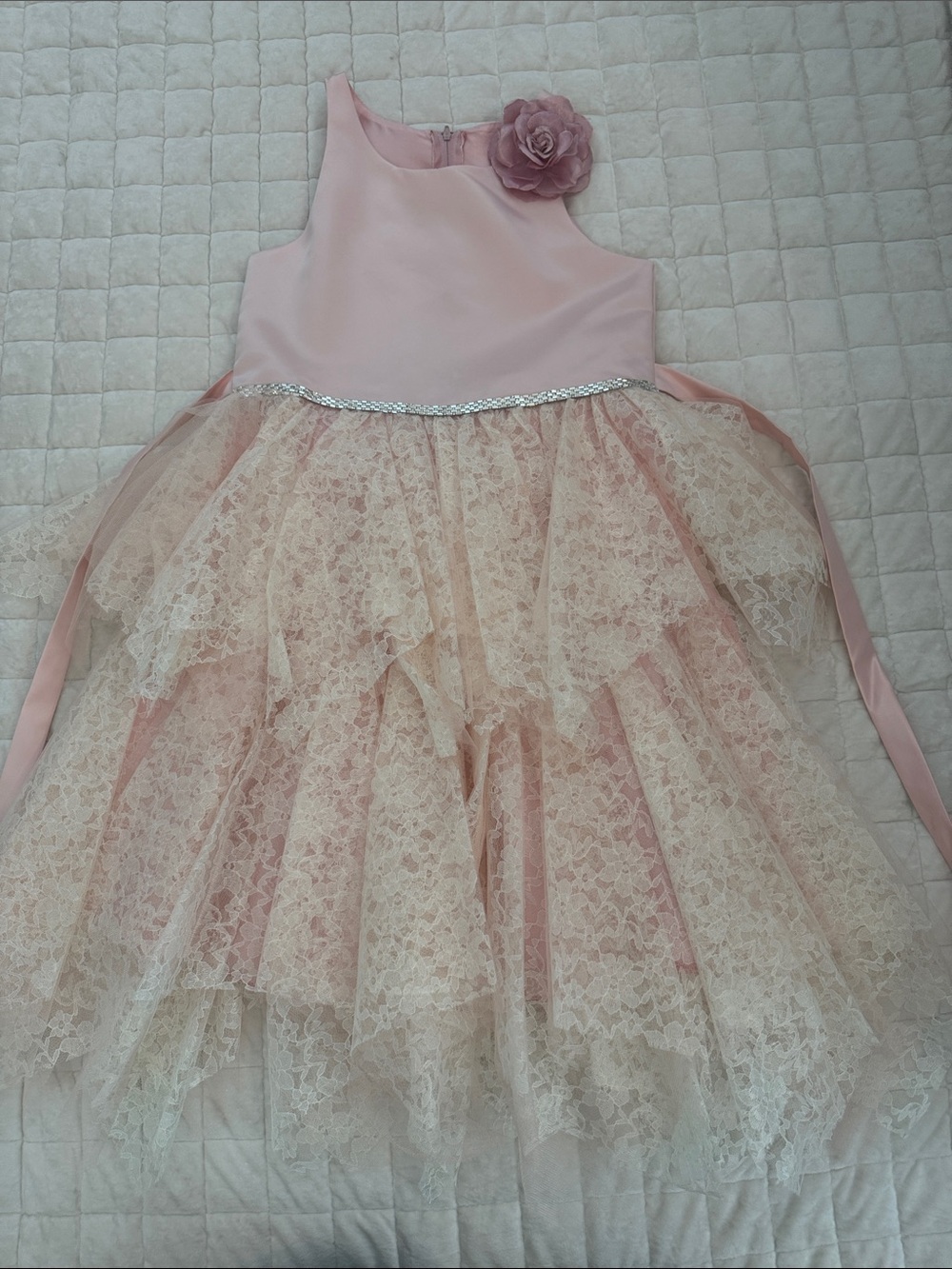 Girls' Pink Lace Tulle Party Dress with detachable Flower pin Size 8